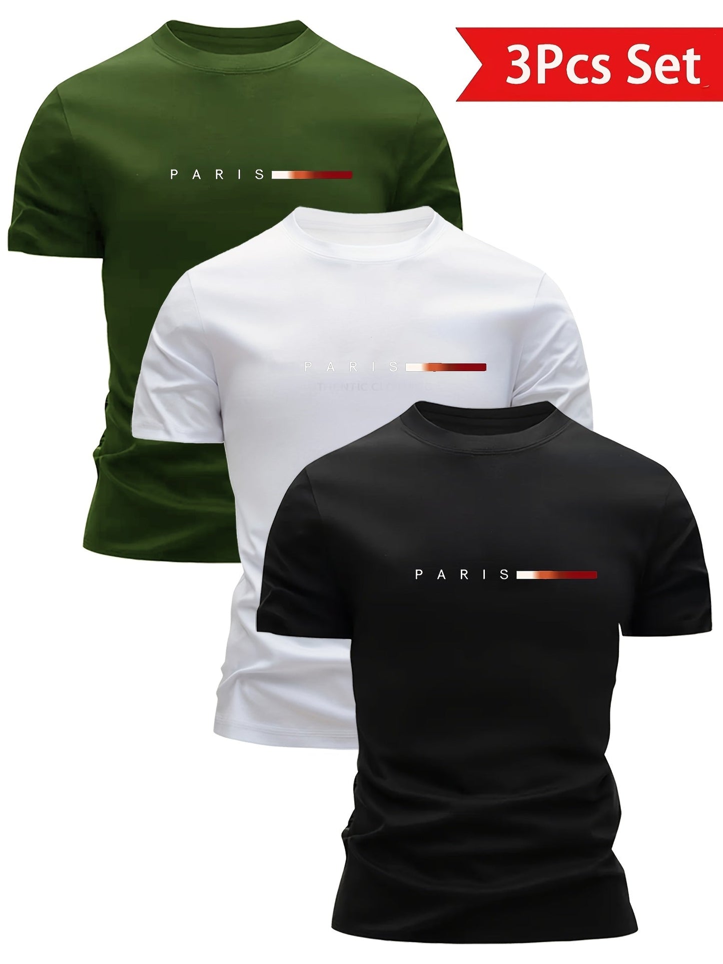 Herren T-Shirt 3er Set – Modernes Paris Print Design, Freizeit & Alltag, Rundhals