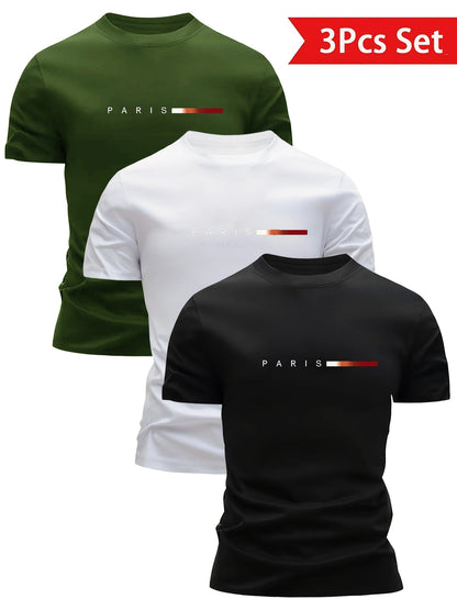 Herren T-Shirt 3er Set – Modernes Paris Print Design, Freizeit & Alltag, Rundhals