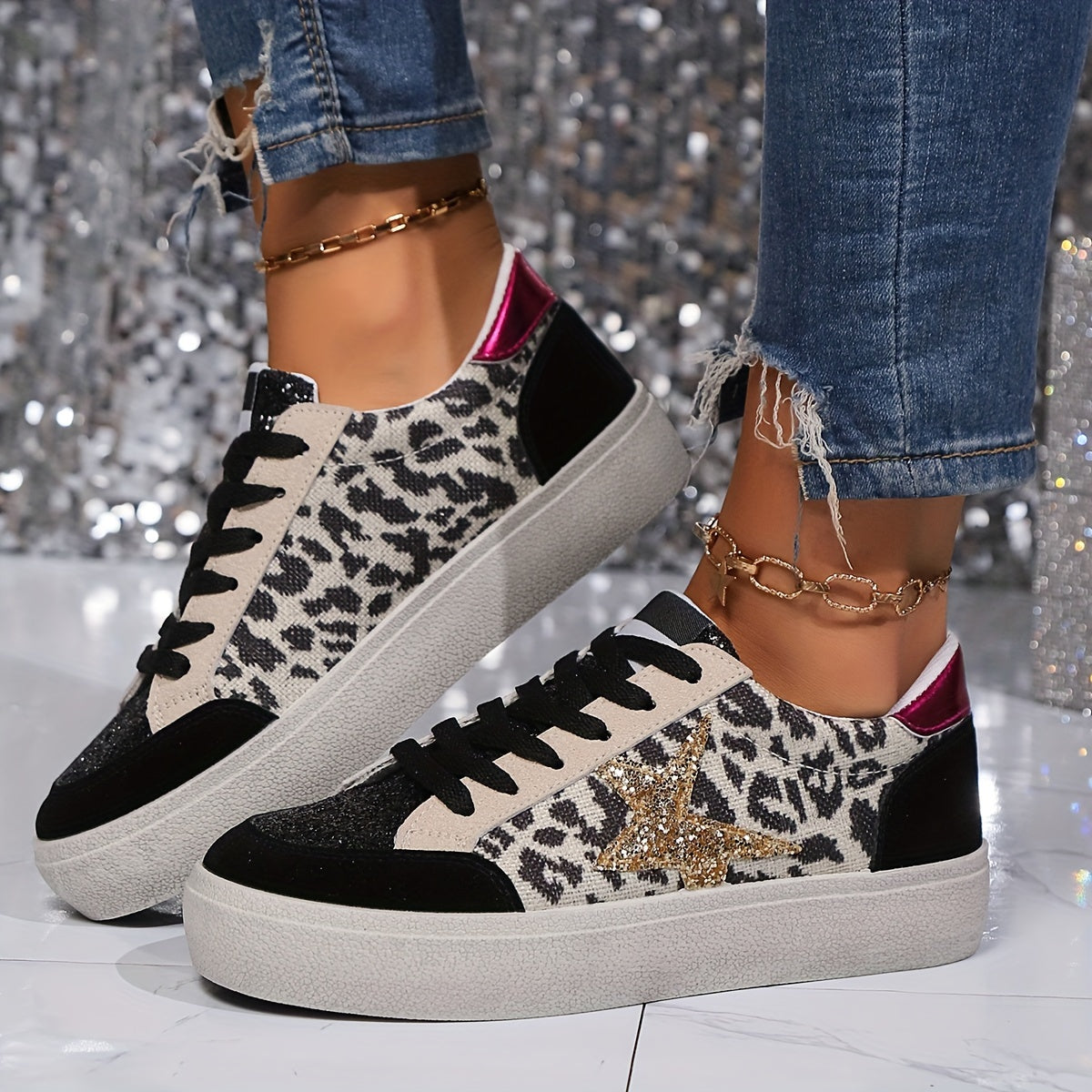 Damen Sneaker mit Glitzerstern und Plateau – Modische Freizeitschuhe für Alltag und Party