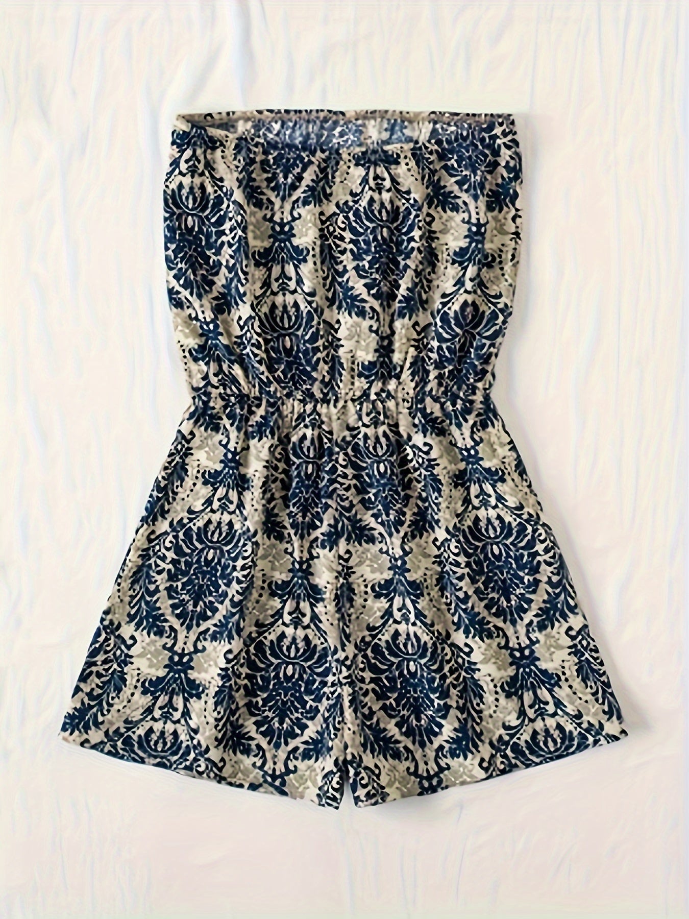 Damen Bandeau Jumpsuit mit Damastmuster – Eleganter Sommer Overall für Freizeit und Urlaub