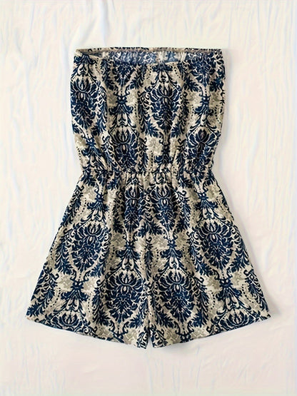 Damen Bandeau Jumpsuit mit Damastmuster – Eleganter Sommer Overall für Freizeit und Urlaub