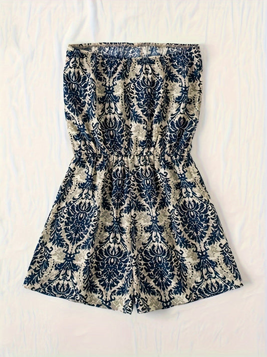 Damen Bandeau Jumpsuit mit Damastmuster – Eleganter Sommer Overall für Freizeit und Urlaub