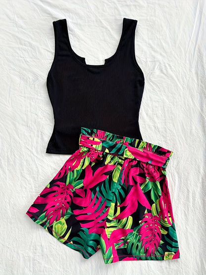 Damen Zweiteiler Set – Stylisches Top mit Tropenmuster Shorts für Urlaub und Freizeit