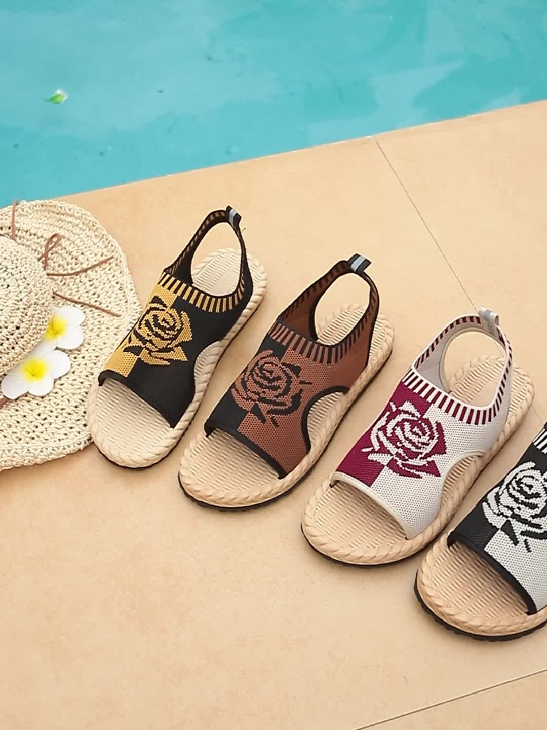 Damen Freizeit Sandalen mit Blumenmuster – Bequeme Sommerschuhe im modernen Strick-Look
