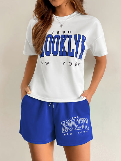 Damen Streetstyle Zweiteiler Set – Brooklyn New York Print T-Shirt und Shorts, Urban Freizeit Outfit