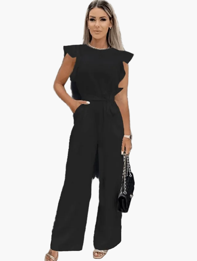Damen Jumpsuit Elegant – Weite Passform mit Volantärmeln und Taillengürtel, ideal für Büro & Ausgehen