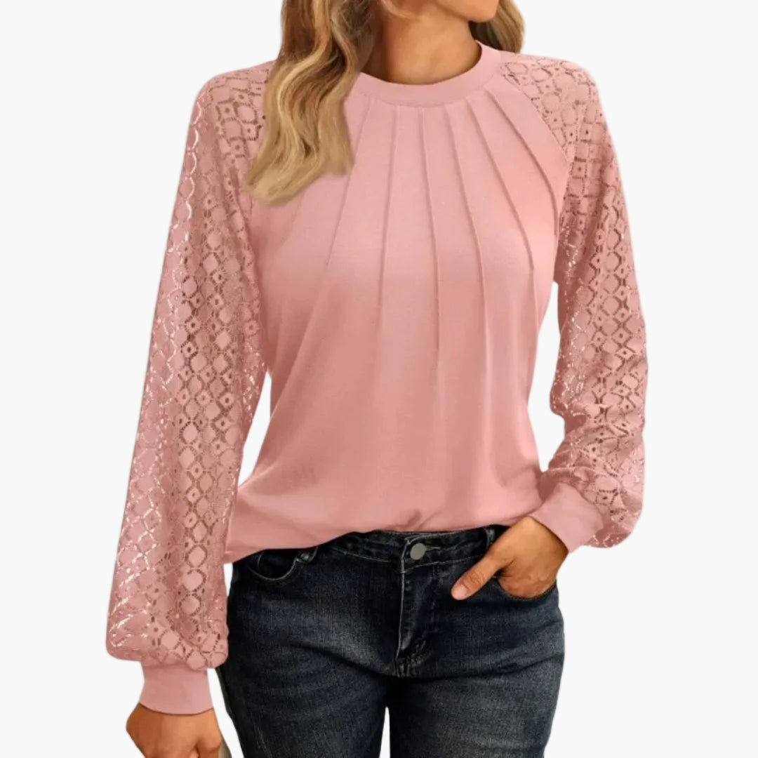 Damen Bluse mit Spitzenärmeln und Falten-Design – Elegante Smart Casual Oberteil für Büro & Freizeit