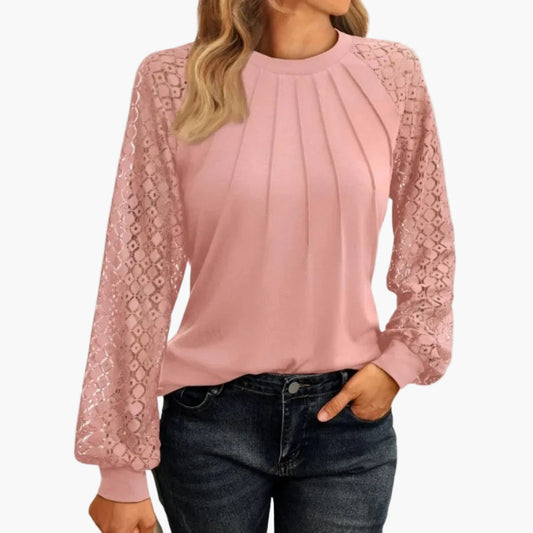 Damen Bluse mit Spitzenärmeln und Falten-Design – Elegante Smart Casual Oberteil für Büro & Freizeit