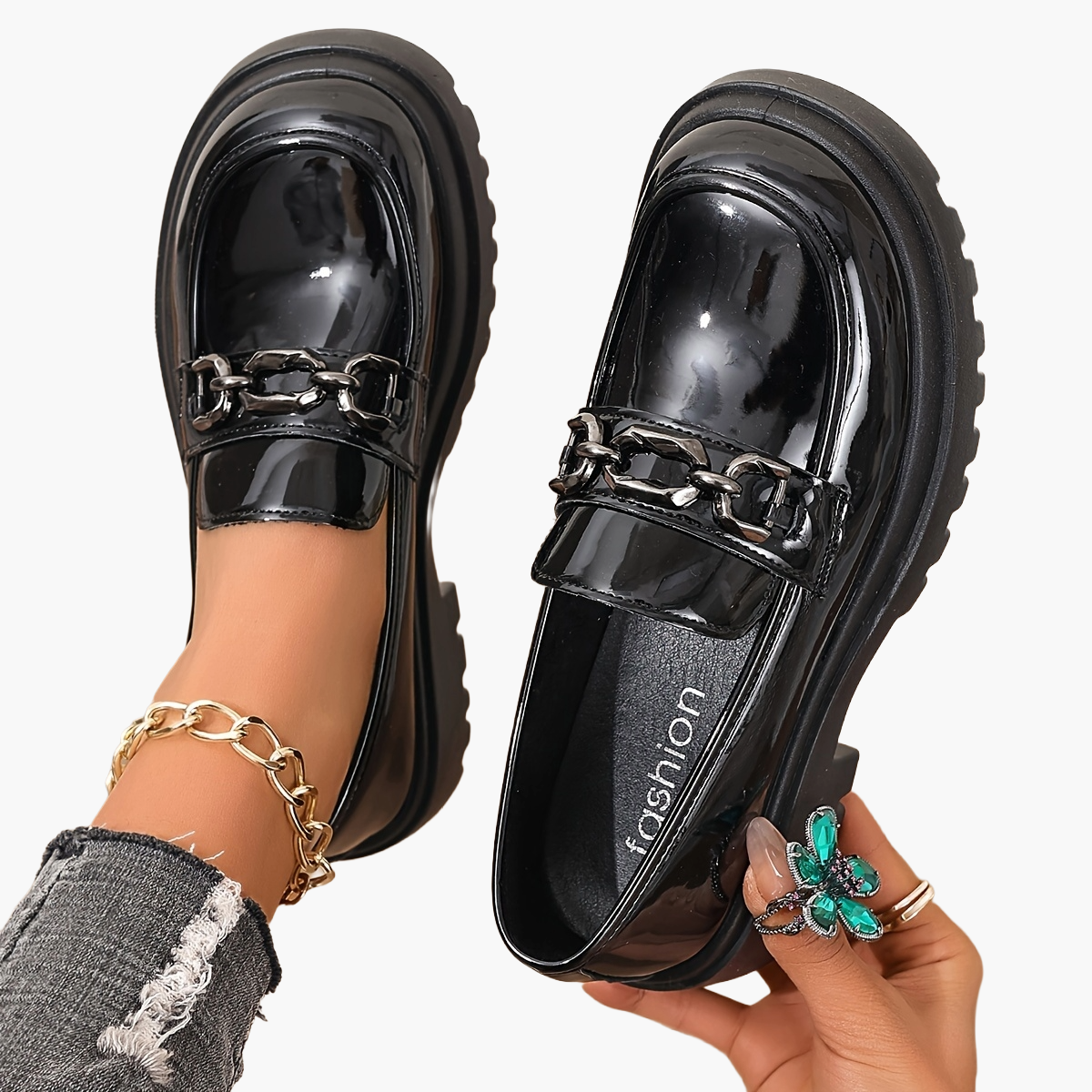 Damen Loafer mit Kettenverzierung – Elegante Slip-On Schuhe für Alltag & Büro