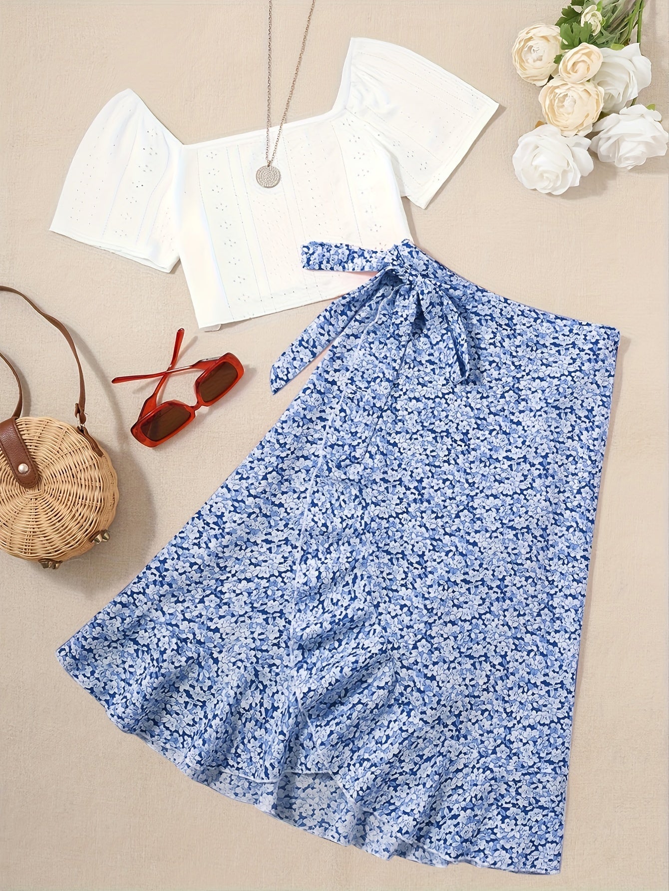 Damen Zweiteiler Set – Romantische Bluse mit Blumen Wickelrock im femininen Stil für Freizeit und Ausflüge