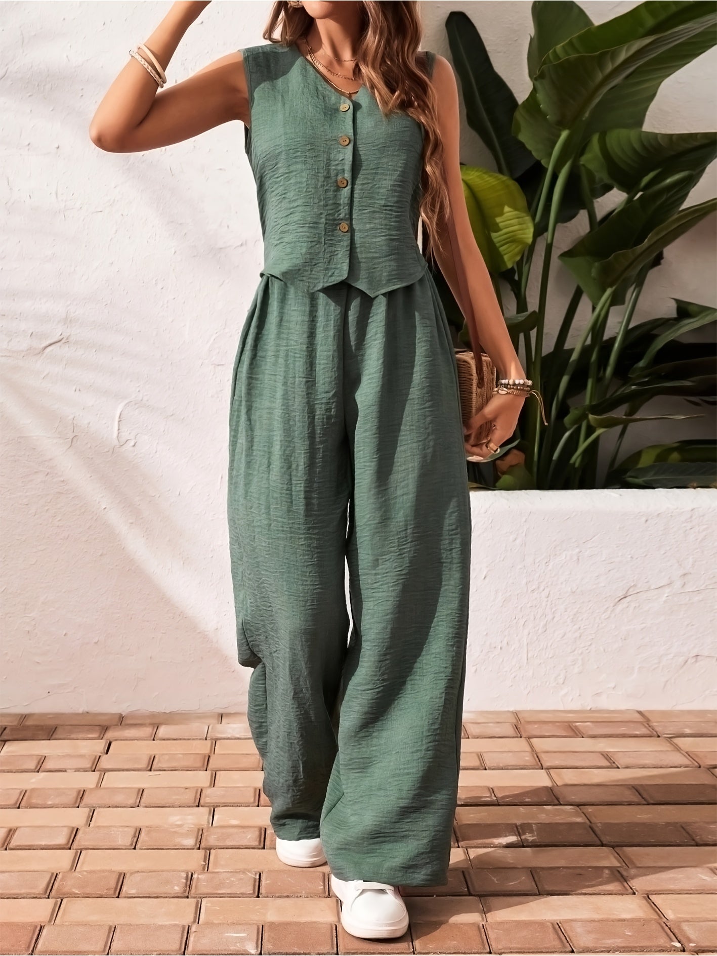 Damen Eleganter Zweiteiler Jumpsuit mit Weste und Weiten Hosen – Freizeit & Sommer Outfit