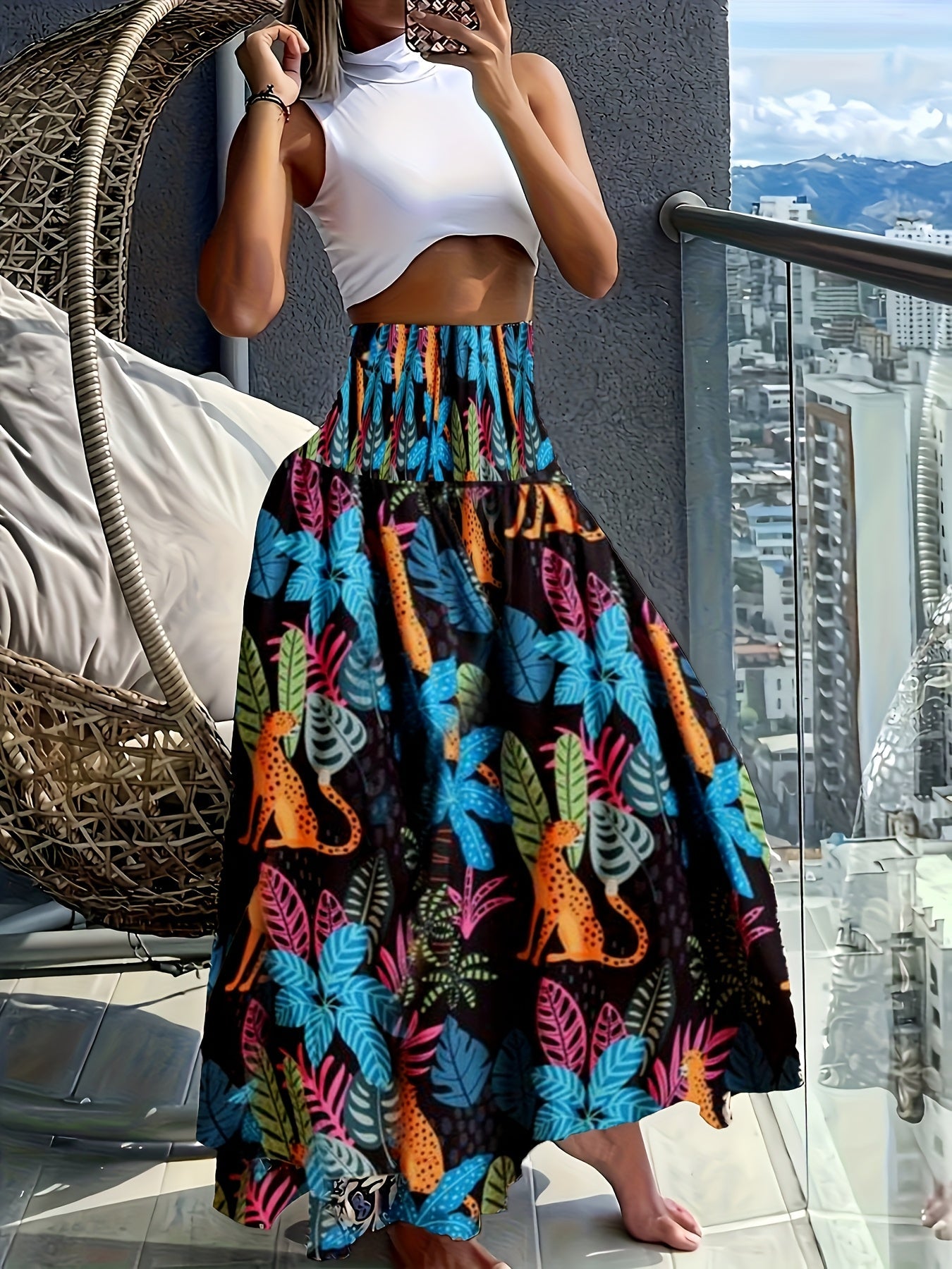 Damen Maxirock Boho-Stil mit tropischem Muster – Perfekt für Sommer, Urlaub & Freizeit