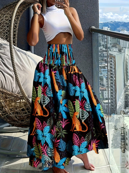 Damen Maxirock Boho-Stil mit tropischem Muster – Perfekt für Sommer, Urlaub & Freizeit