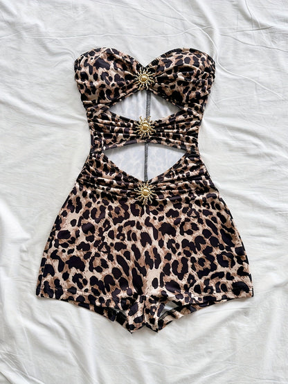 Damen Badeanzug Retro-Style mit Leopardenmuster und Cut-Outs – Eleganter Einteiler für Strand und Pool