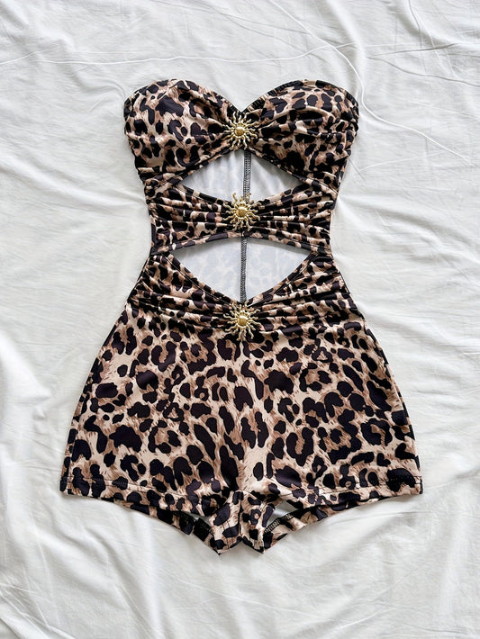 Damen Badeanzug Retro-Style mit Leopardenmuster und Cut-Outs – Eleganter Einteiler für Strand und Pool