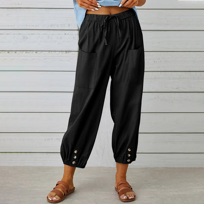 Michelle – Damen Baumwollmischung – Veganes Leinenhose mit Kordelzug und Taschen