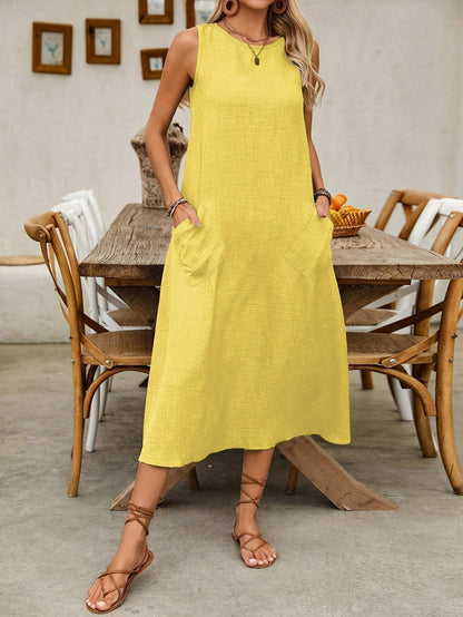 Damen Sommer Freizeitkleid ärmellos mit Taschen – Lockeres Midi Kleid für Alltag und Urlaub