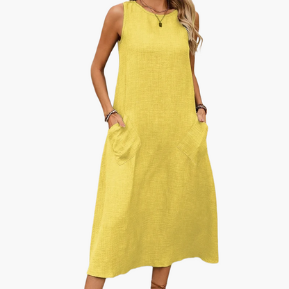 Damen Sommer Freizeitkleid ärmellos mit Taschen – Lockeres Midi Kleid für Alltag und Urlaub