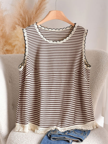 Damen Strick-Top im Boho-Stil mit Streifen und Fransen – Lässig & Sommerlich