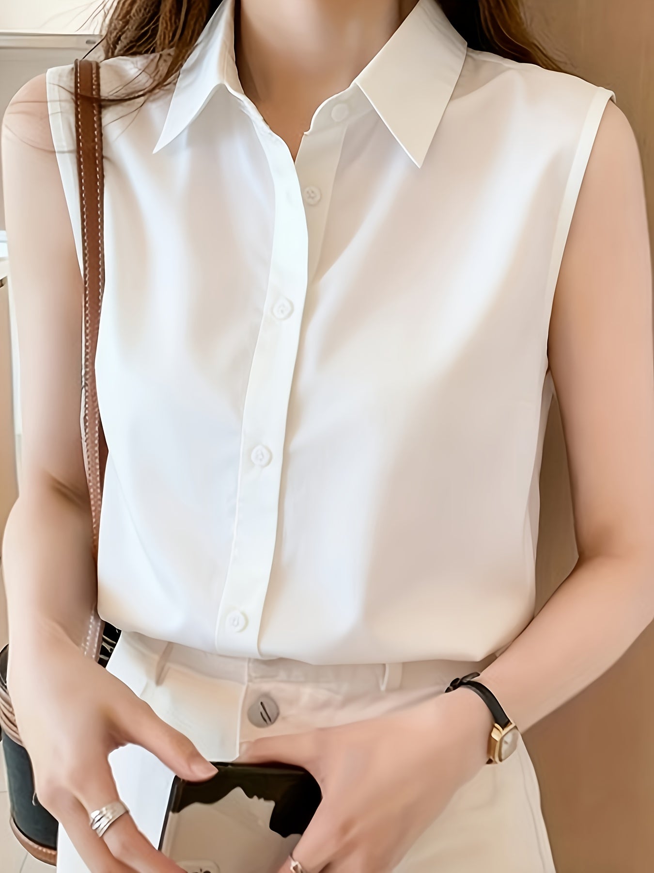Damen Ärmellose Bluse Business Elegant Freizeit Hemdbluse
