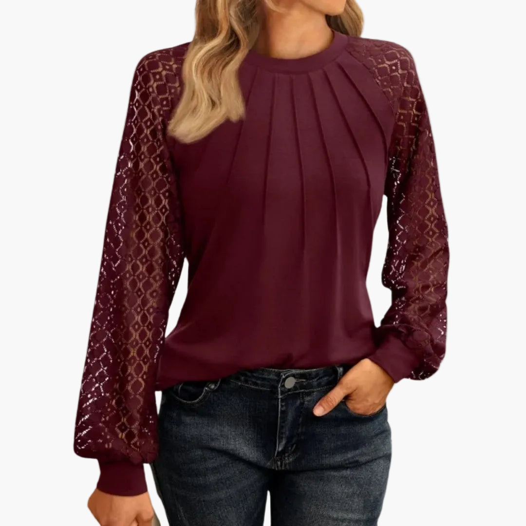 Damen Bluse mit Spitzenärmeln und Falten-Design – Elegante Smart Casual Oberteil für Büro & Freizeit