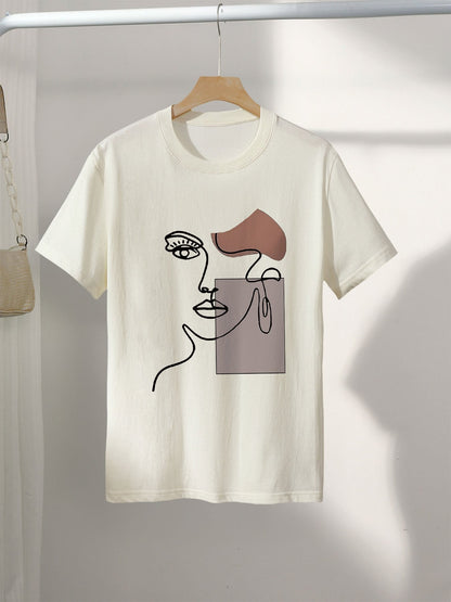 Damen T-Shirt mit abstraktem Gesicht Print – Modernes Casual Design für Alltag und Freizeit
