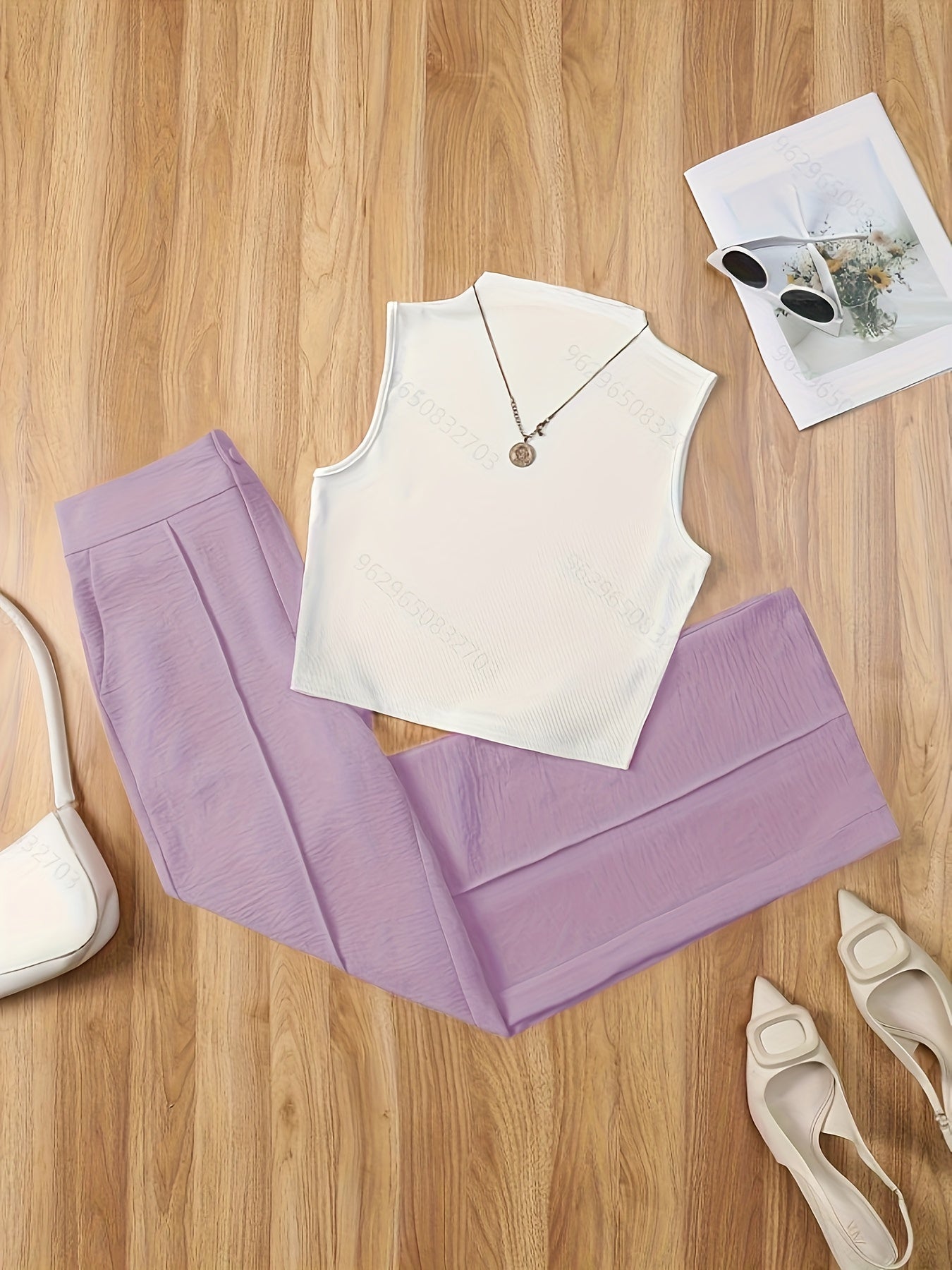 Damen Elegantes Set – Ärmelloses Oberteil mit Stehkragen und Weite Hose, Perfekt für Büro und Alltag