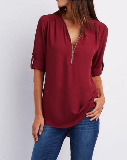 Patricia – Elegantes Damen V-Ausschnitt Shirt mit Reißverschluss