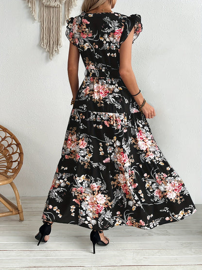 Damen Maxikleid mit Blumenmuster und Gürtel – Elegantes Sommerkleid für Urlaub und Freizeit