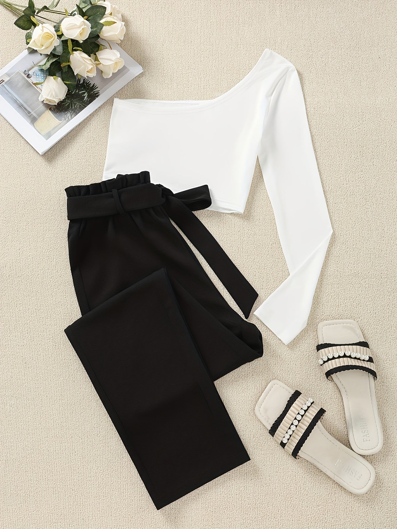 Damen Elegante Off-Shoulder Bluse mit Paperbag-Hose – Perfektes Outfit für Alltag und Büro
