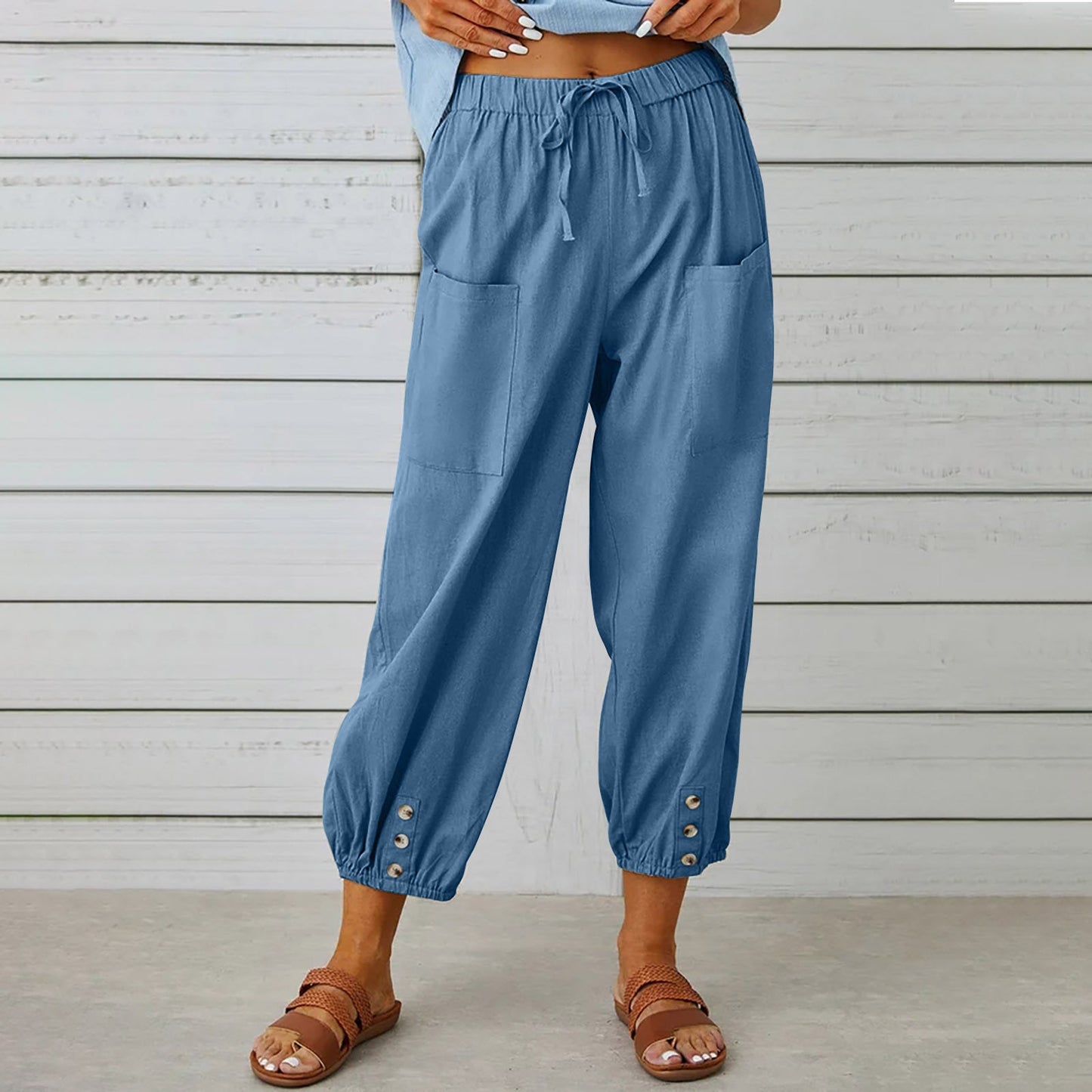 Michelle – Damen Baumwollmischung – Veganes Leinenhose mit Kordelzug und Taschen