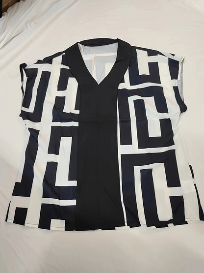 Damen Bluse mit modernem Grafikmuster und V-Ausschnitt für Büro und Freizeit
