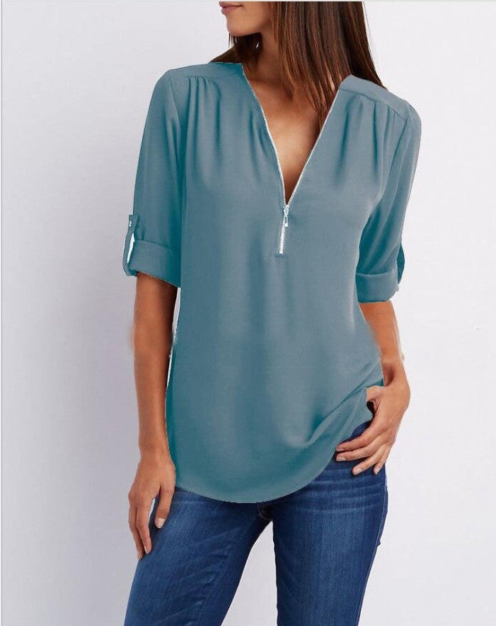 Patricia – Elegantes Damen V-Ausschnitt Shirt mit Reißverschluss