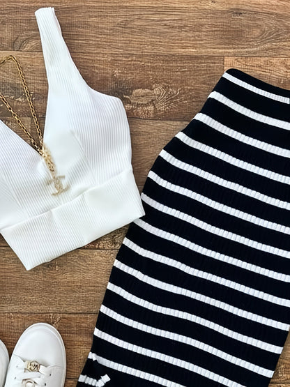 Damen Set Zweiteiler – Trendiges Crop Top und Gestreifter Midirock für Freizeit und Alltag