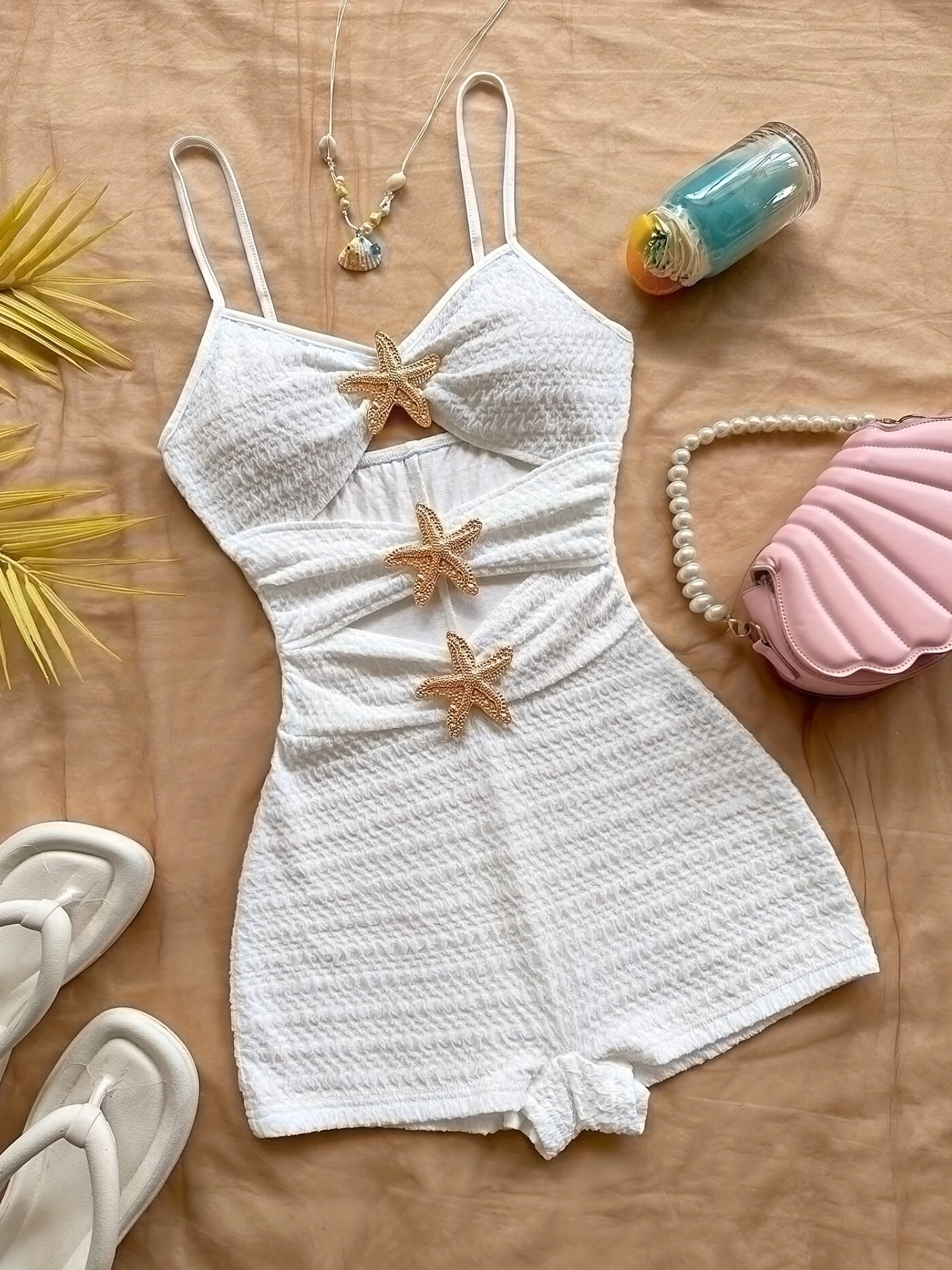 Damen Jumpsuit mit Seestern-Details und Cut-Outs – Perfekt für Urlaub und Strand