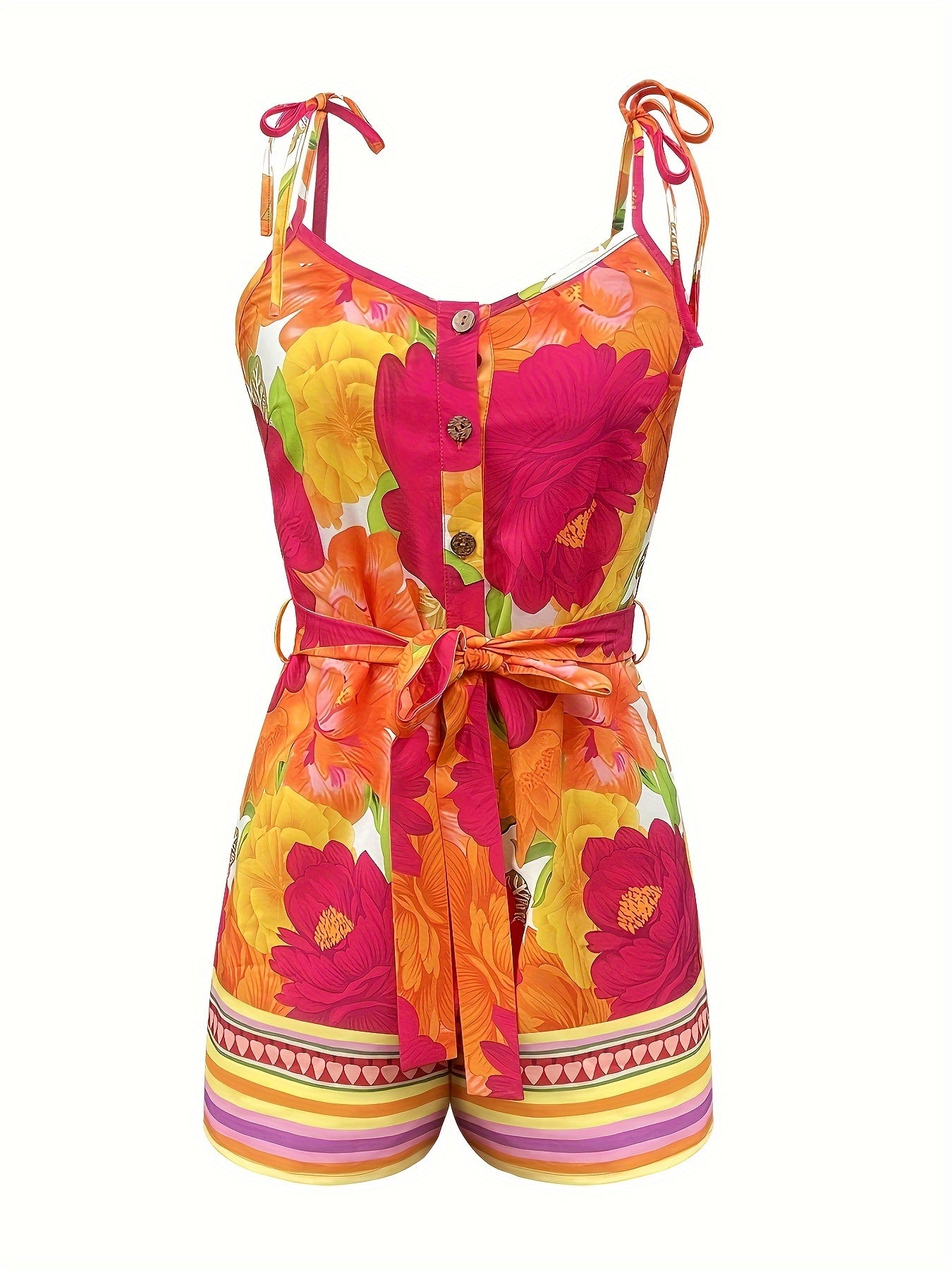 Damen Sommer Jumpsuit mit Gürtel – Eleganter Einteiler mit buntem Vogel-Print für Freizeit und Urlaub