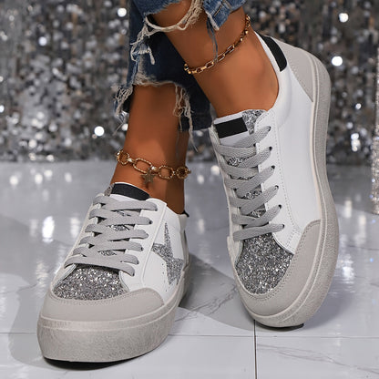 Damen Sneaker mit Glitzerstern und Plateau – Modische Freizeitschuhe für Alltag und Party