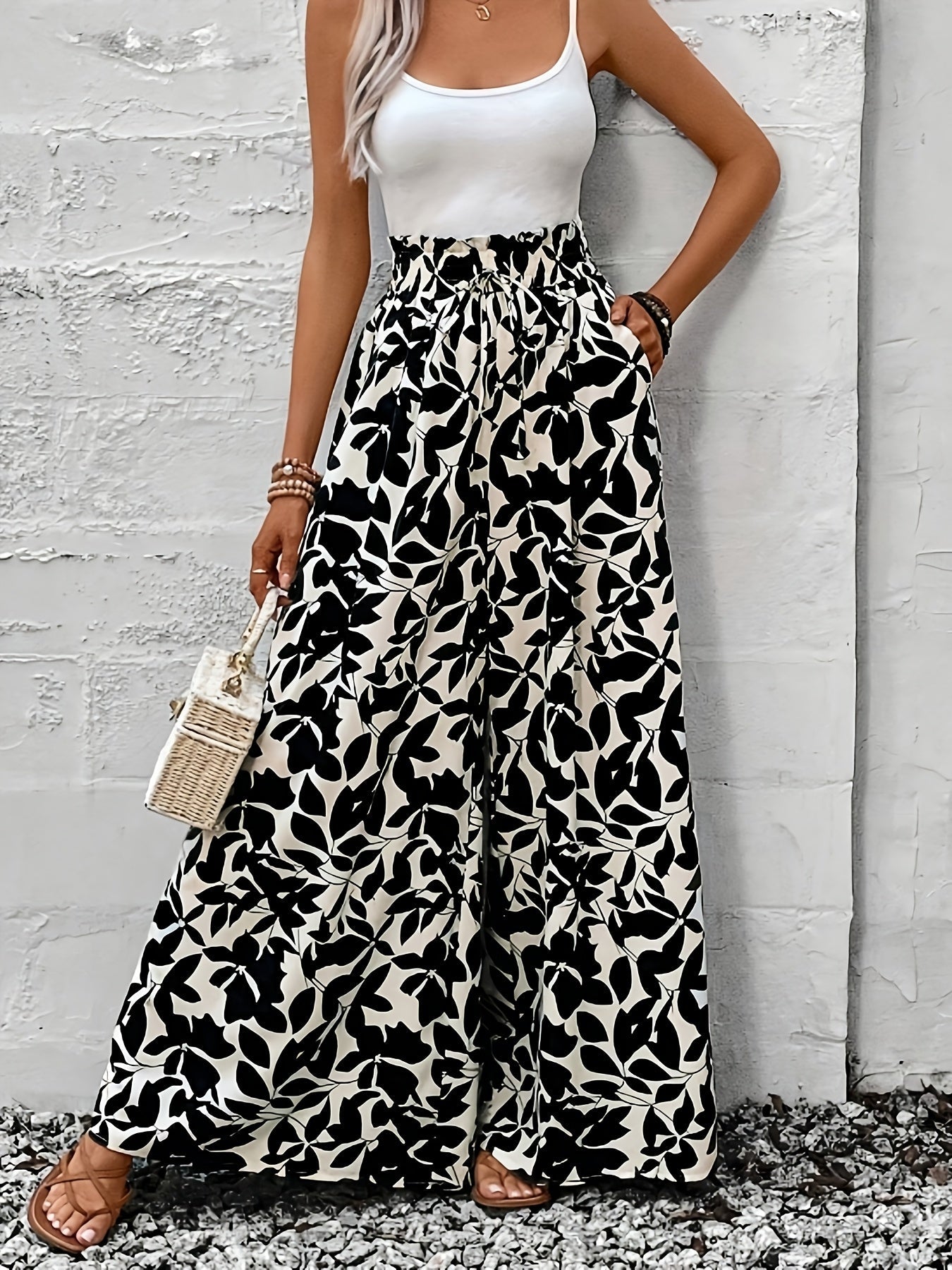 Damen Weitbeinige High-Waist Palazzo Hose mit Tropischem Blattmuster – Eleganter Boho-Stil für Alltag und Freizeit