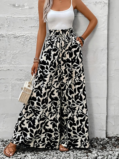 Damen Weitbeinige High-Waist Palazzo Hose mit Tropischem Blattmuster – Eleganter Boho-Stil für Alltag und Freizeit