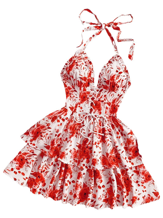 Damen Mini Kleid mit Rosenmuster und Volants – Elegantes Halterneck Sommerkleid für romantische Anlässe