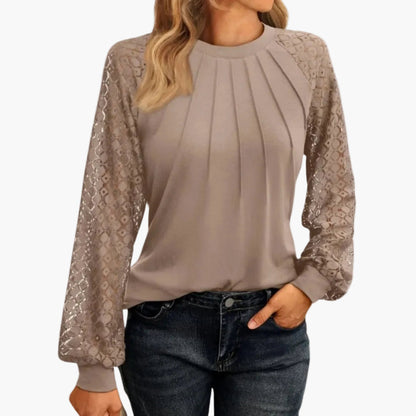 Damen Bluse mit Spitzenärmeln und Falten-Design – Elegante Smart Casual Oberteil für Büro & Freizeit