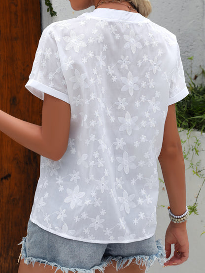 Damen Bluse Elegant Bestickt Kurzarm Sommer Freizeit V-Ausschnitt