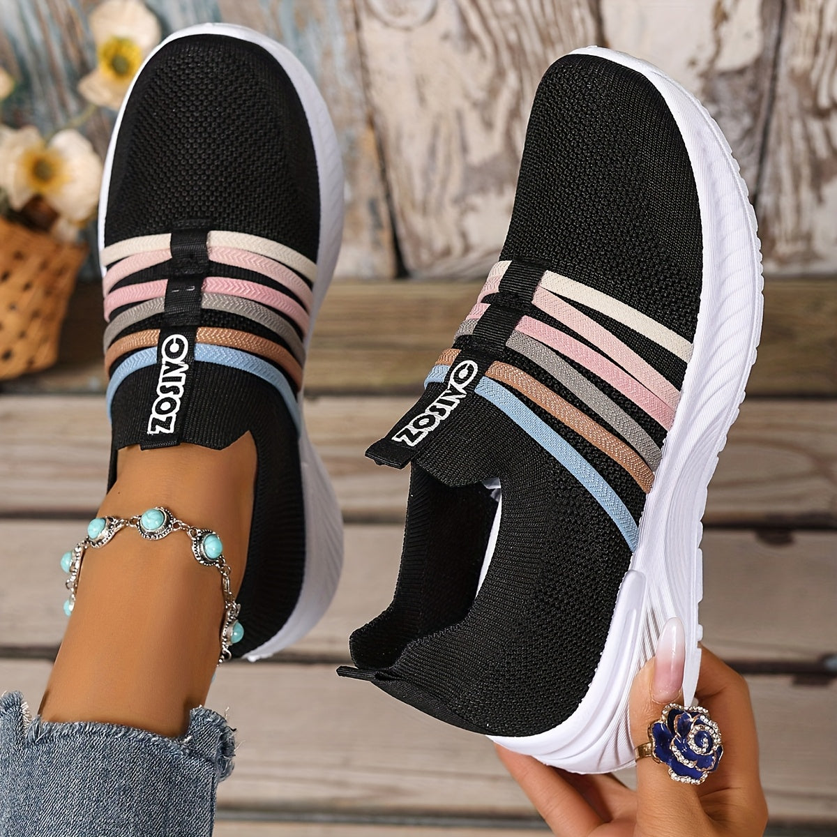 Damen Slip-On Sneakers Freizeit Bequeme Low-Top Schuhe mit Streifen-Design