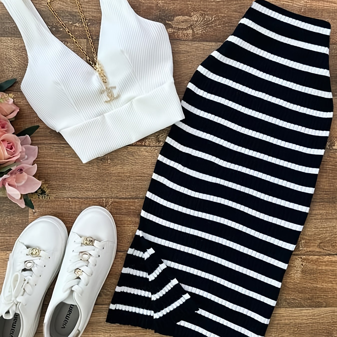 Damen Set Zweiteiler – Trendiges Crop Top und Gestreifter Midirock für Freizeit und Alltag