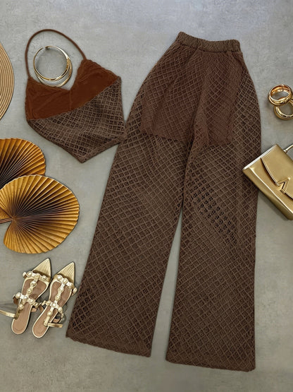 Damen Zweiteiler Set – Elegantes Netz-Top und Weitbeinige Hose für Urlaub & Strand