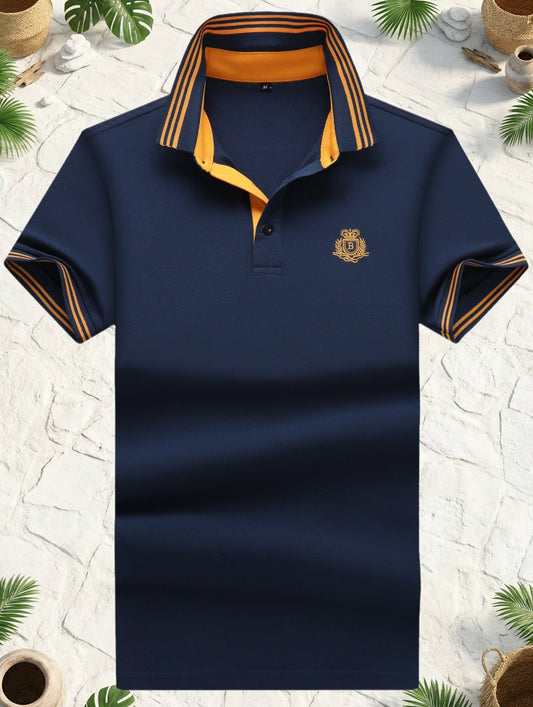 Herren Polo Shirt Klassisch Sportlich mit gesticktem Wappen und Kontrastkragen – Freizeit & Business