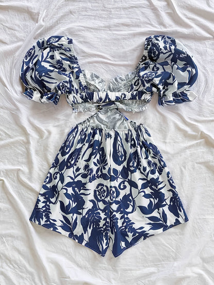 Damen Jumpsuit mit Tropenmuster und Puffärmeln – Perfekt für Urlaub, Strand & Sommerfeste
