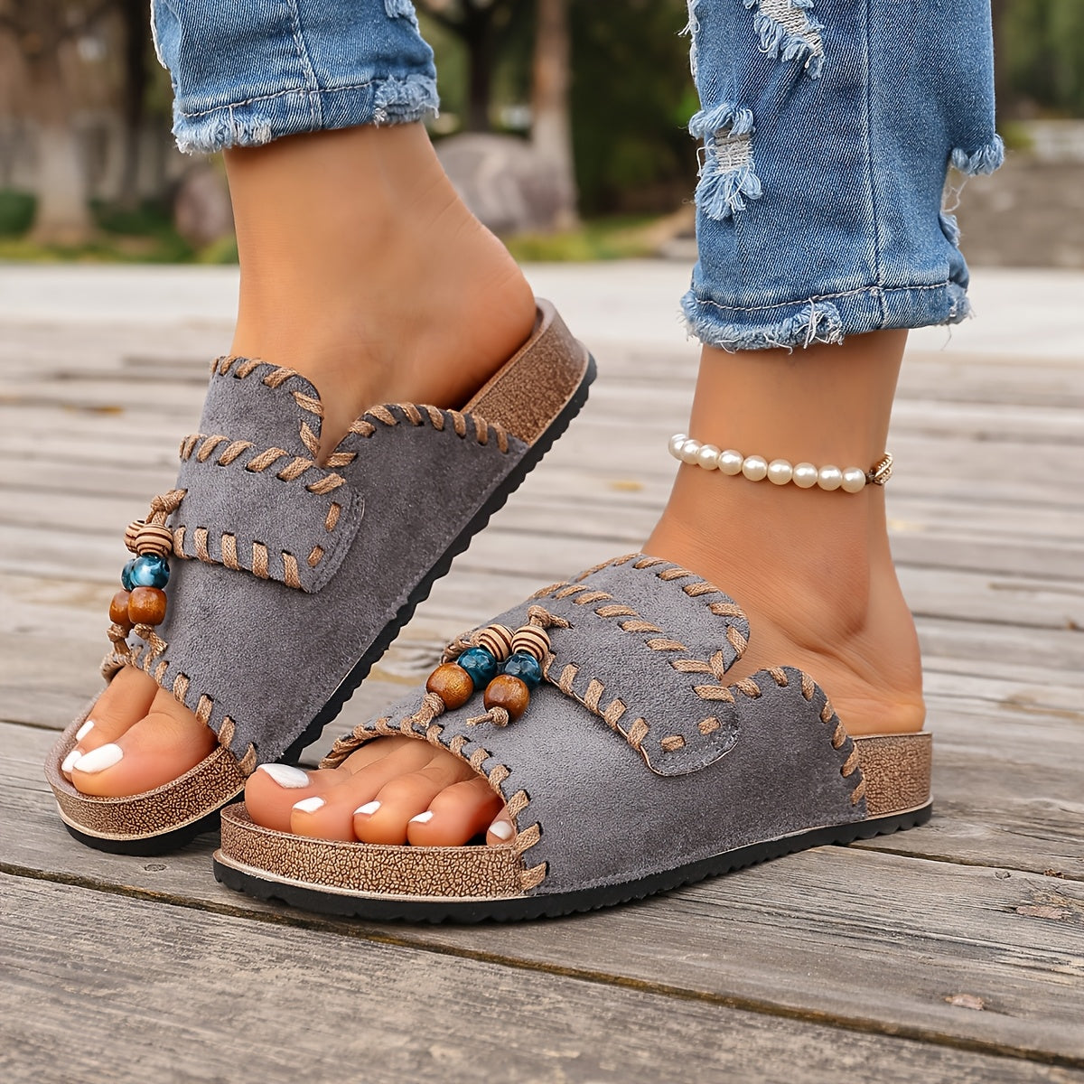 Damen Boho Slide Sandalen mit Perlendetails – Bequeme Sommerschuhe für Freizeit & Urlaub