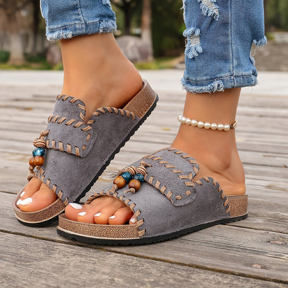Damen Boho Slide Sandalen mit Perlendetails – Bequeme Sommerschuhe für Freizeit & Urlaub