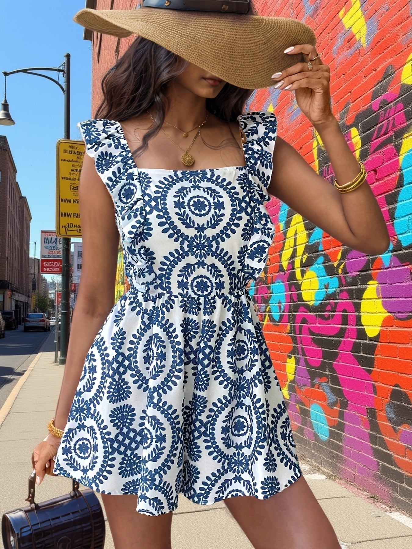 Damen Sommer-Jumpsuit im Boho-Stil mit Tribal-Muster und Rüschenärmeln – Eleganter Einteiler für Freizeit und Urlaub